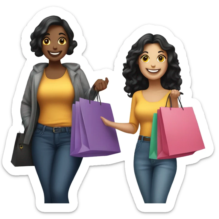 Two happy, curvy Caucasian women with black hair holding shopping bags in their hands, smiling and enjoying their day sticker