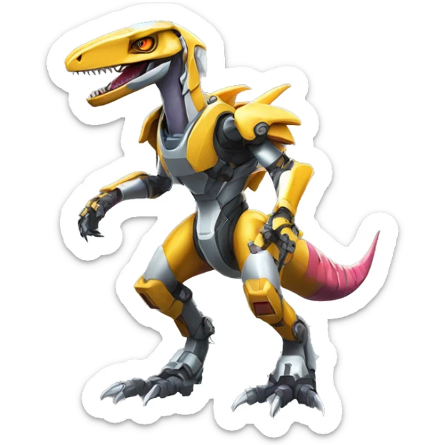 Colorful Edgy Greymon-Velociraptor-Genesect-Fakémon-Pokémon wearing a with a futuristic helmet And Mecha-suit Full Body sticker