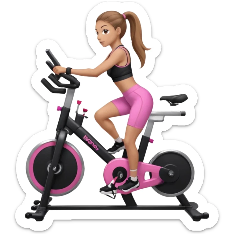 Light skin girl with long light brown hair in a pony tail, black workout set leaning on a indoor spin bike with NO HELMET, can we add a pink sports bra  sticker