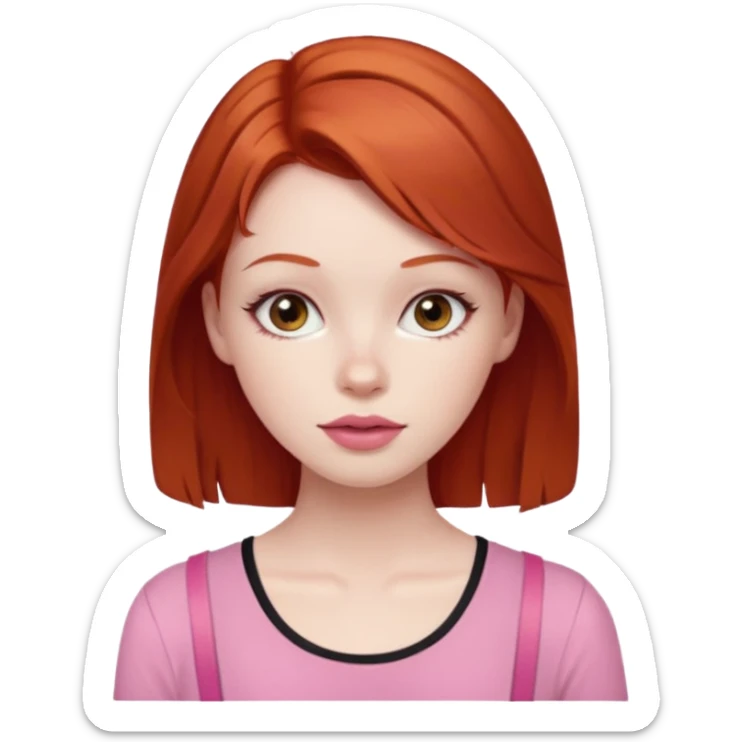 Redhead girl with deep brown eyes, pale skin with light red lips wearing a pink strap shirt sticker