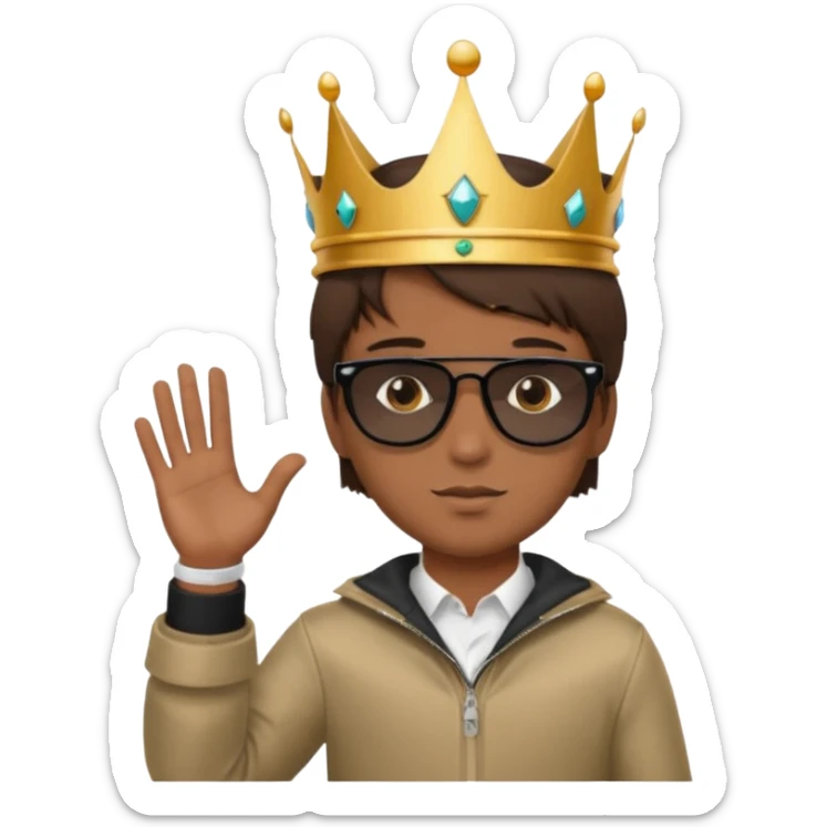 Un niño con cabello lacio no muy largo color marrón castaño,ojos marrones,piel no muy blanca, que tenga lentes de sol color negro,reloj en la mano derecha y una corona como sombrero sticker