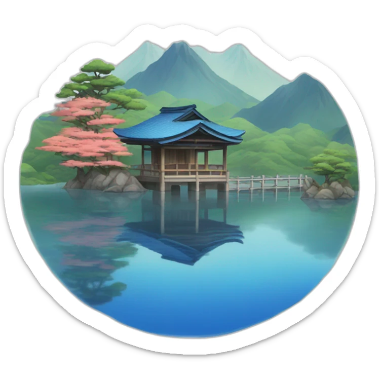 Small Japanese house with a blue tiled roof and a torii gate on an island a lake sticker