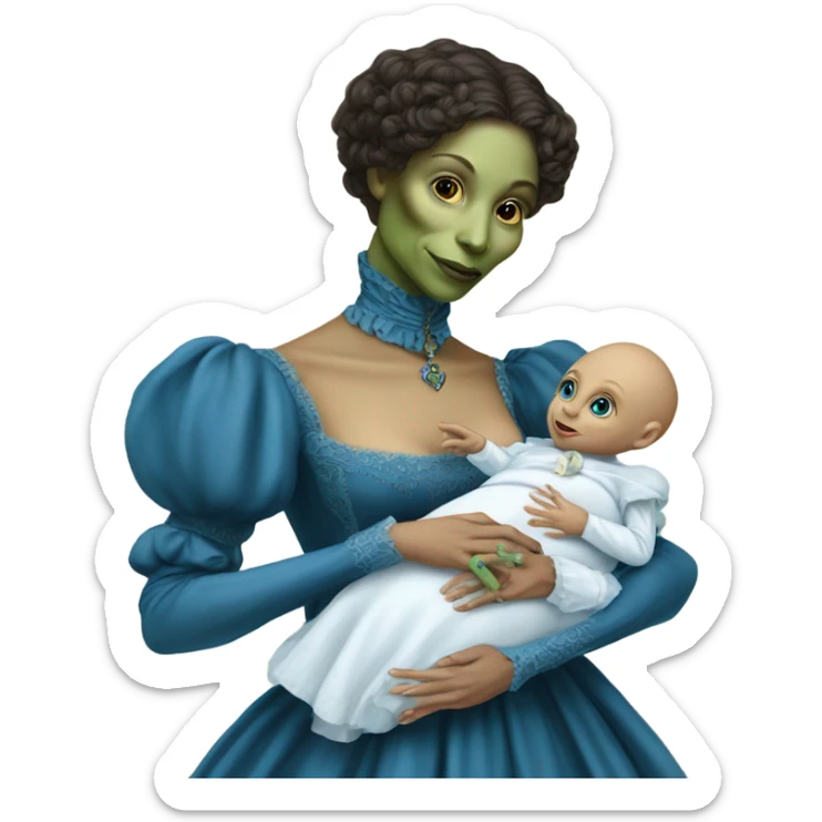  Reptilian alien woman , full body, in victorian blu elegant dress , holds a newborn white humman baby sticker