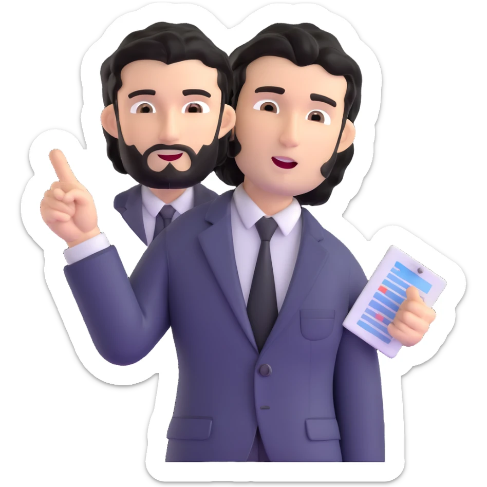 Business strategist man with black wavy hair, stubble, chiseled face, wearing blazer and button-up shirt, standing and pointing at charts while consulting with seated clients, confident leadership expression sticker