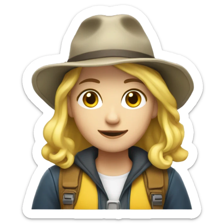 A female college student with white skin and shoulder-length yellow hair wearing an explorer hat. sticker