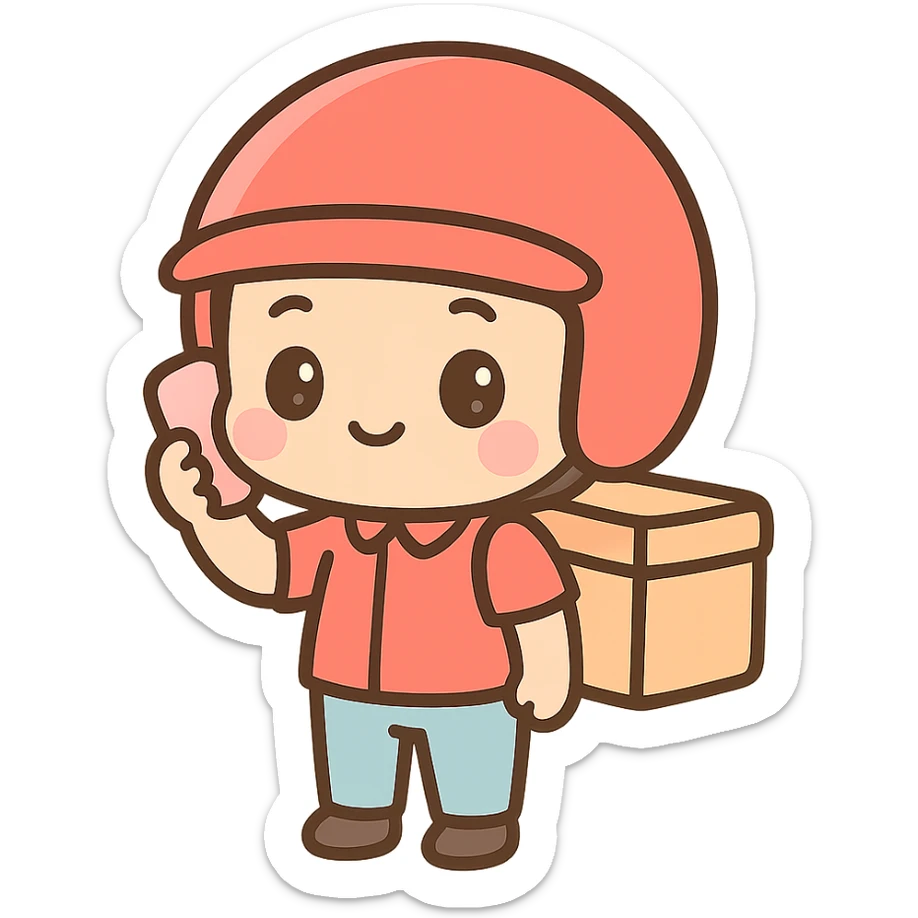 food delivery man in red, wearing red helmet, on the phone, kawaii chibi anime style, flat pastel colors, thick outlines, simple cute features, full body sticker