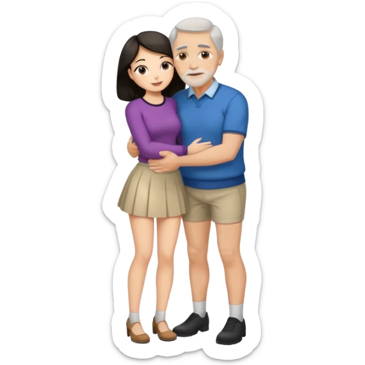 older man with dark hair on knees, facing dark haired woman in a micro mini skirt, hugging her waist sticker