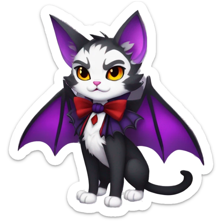 Anthro-Cute-Edgy-Vampiric-Batty-Cat-Black-Purple-Red-Grey-White-Yellow-Contrast-Colors-Fantasy-Fur-Sona-Chibi-Shiny-Fakémon-Hybrid with horns and big fangs collar bow ties leg spats full body sticker
