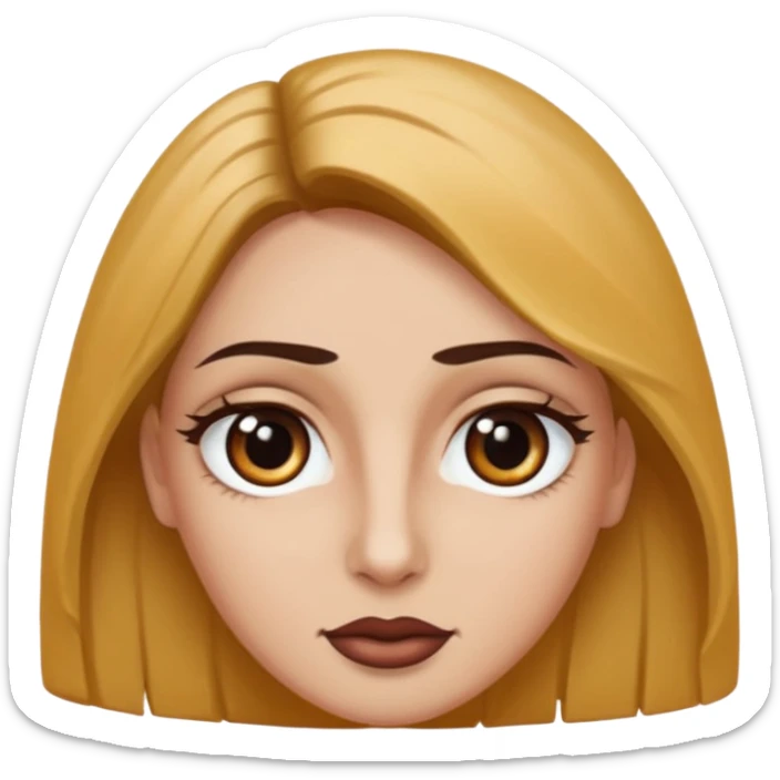 Rostro de forma ovalada con facciones delicadas. Ojos grandes y expresivos de color café oscuro, con pestañas largas y definidas. Cejas oscuras, pobladas y bien formadas color de piel trigeña y cabello largo sticker