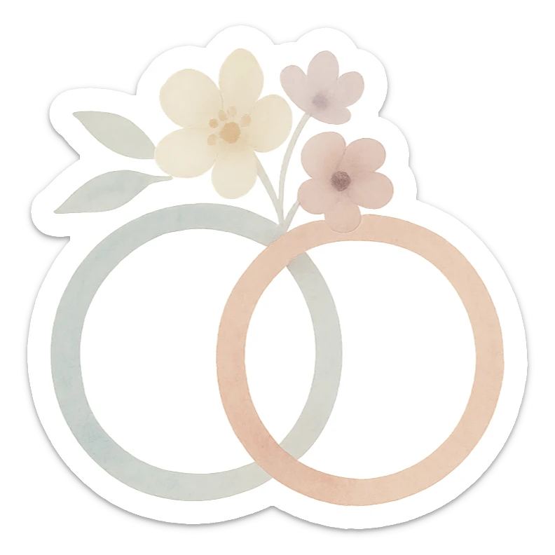 watercolor art illustration of enchanted wedding rings with tiny flowers, calm pastel colors, white background, designed for sticker printing sticker