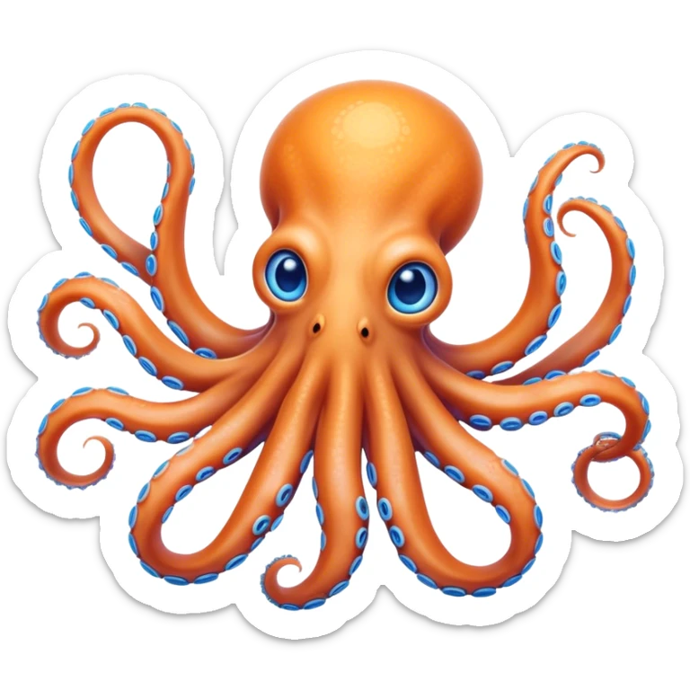 Cinematic Noble Octopus Portrait Emoji, Poised and enchanting, with a light orange body adorned with vibrant blue rings and eight delightfully curling arms with gentle suckers, large sparkling eyes exuding warmth and playfulness, Simplified yet charmingly expressive features, highly detailed, glowing with a soft, magical underwater radiance, high shine, intelligent and irresistibly cute, stylized with an air of whimsical marine enchantment, focused and fluid, soft glowing outline, capturing the essence of a watchful and endearing octopus that appears ready to float out of the screen with delightful charm! sticker