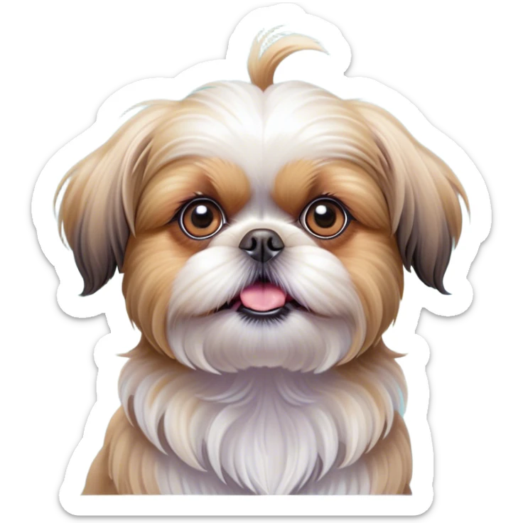 Cinematic Comical Shih Tzu Portrait Emoji, Head cocked with a hilariously exaggerated, shocked expression and twinkling, comically wide eyes, showcasing a fluffy, luxurious fur in soft pastel tones, simplified yet whimsically detailed, glowing with a playful, sassy radiance, high shine, exuding a humorous and cheeky charm, styled with a soft glowing outline, capturing the essence of a Shih Tzu that looks as if it could burst into a fit of playful antics at any moment! sticker