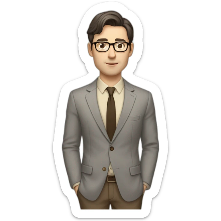 Full height Pale skinned Fit Man With dark brown hair in gray jacket, beige office shirt, tie, Brown pants and vintage glasses. Thrumbs of his palms directed up sticker