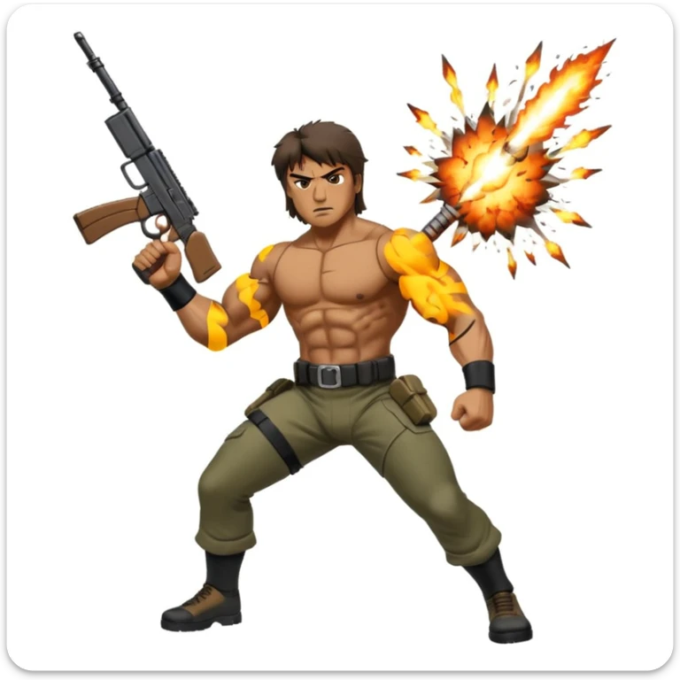 Icon for Action Movies: Rambo in the lead role, in an intense action pose with weapons, explosions, and dramatic background. The design should evoke the classic action movie feel with muscle-bound heroes and high-energy sequences. Transparent background. sticker