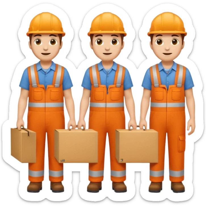 emoji style railway engineer full body in orange overalls, carrying a box in front of them sticker
