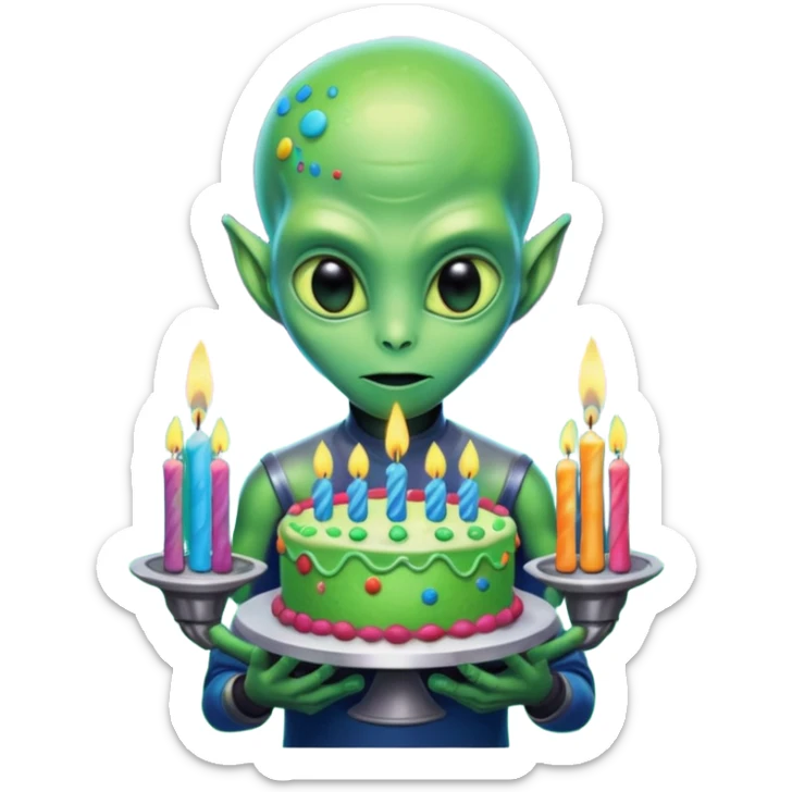 A detailed alien holding a colorful birthday cake with lit candles, standing inside a futuristic spaceship, cinematic lighting, ultra realistic textures, high resolution, dramatic shadows, sci-fi atmosphere
 sticker