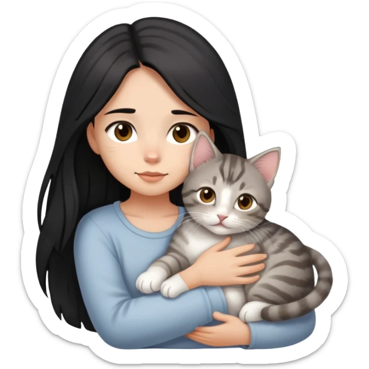 girl with black long hair, light-medium skin, brown eyes snuggling light grey tabby kitten sticker