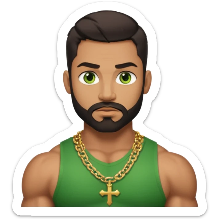 green eyes, dark short hair, muscular shoulders, wide cross, gold chain, big lips big nose big eyes, masculine good looking, dark beard sticker