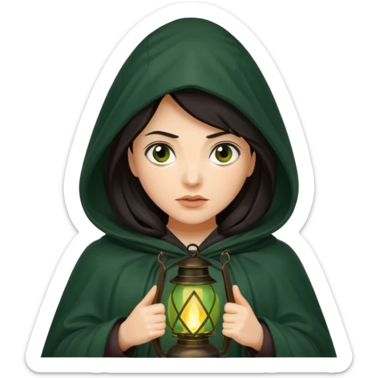 traitor tv show, dark haired woman wearing dark green cloak with hood up who looks very evil, is holding up a lantern, and is tilting her head down sticker