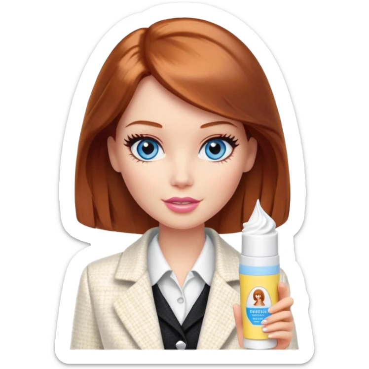 A Barbie girl with blue eyes, shoulder-length reddish-brown hair, made-up, in a white tweed jacket and black skirt, holding a tube of pale yellow face cream sticker