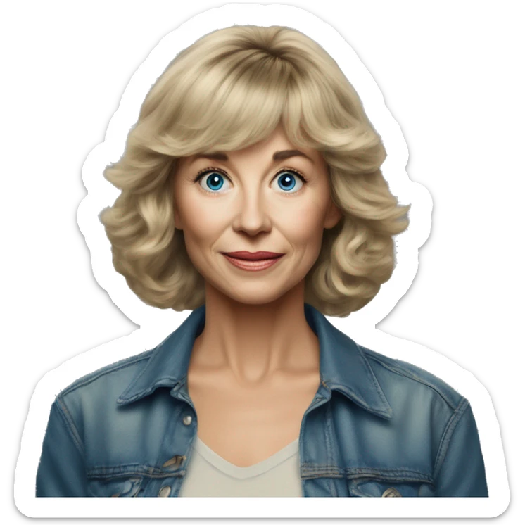 Medium length Dirty blonde poofy hair with bangs all across forehead and sides swept away from face woman of 60 with blue eyes  sticker