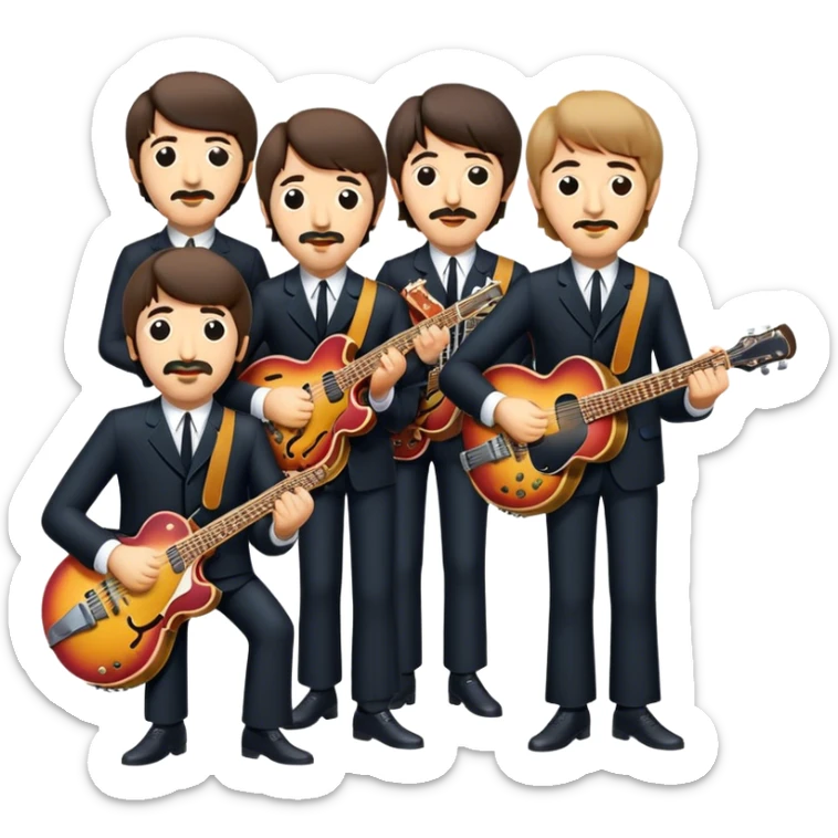 Cinematic Realistic The Beatles Group Emoji, depicted as an iconic band of four exuding playful charisma and musical genius with retro instruments and vibrant expressions, rendered with rich textures and nostalgic dynamic lighting that captures their legendary impact on pop culture. sticker