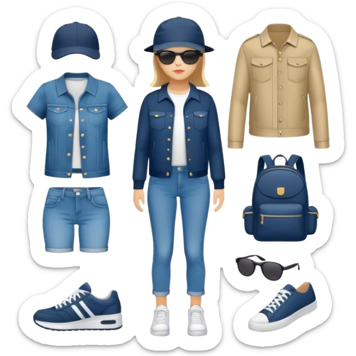 A set of clothing icons in a uniform style. The icons should include various clothing items such as a T-shirt, jeans, dress, jacket, sneakers, hat, and accessories like a backpack or sunglasses. The style should be modern, minimalist, and visually cohesive, with clean lines and a balanced color palette sticker