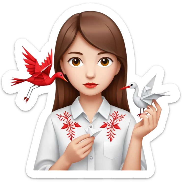 Ukrainian young girl with brown hair wearing a white embroidered shirt holds an origami red crane sticker
