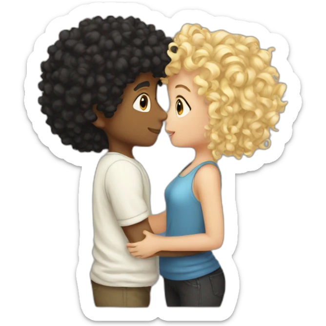Boy curly blonde hair kissing girl black hair sticker