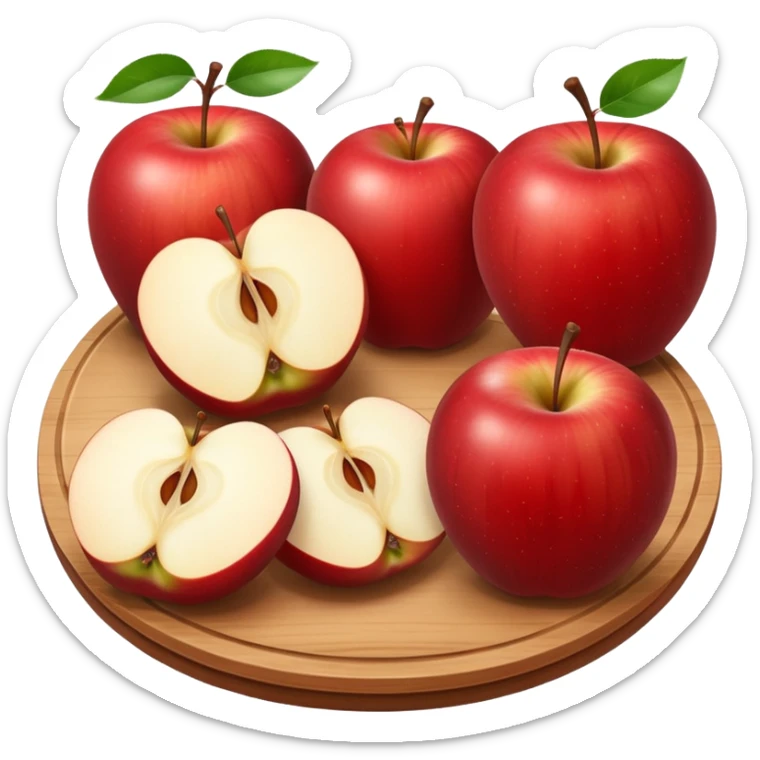 A round wooden board on which there are three whole apples and one apple, cut into two halves and several slices sticker