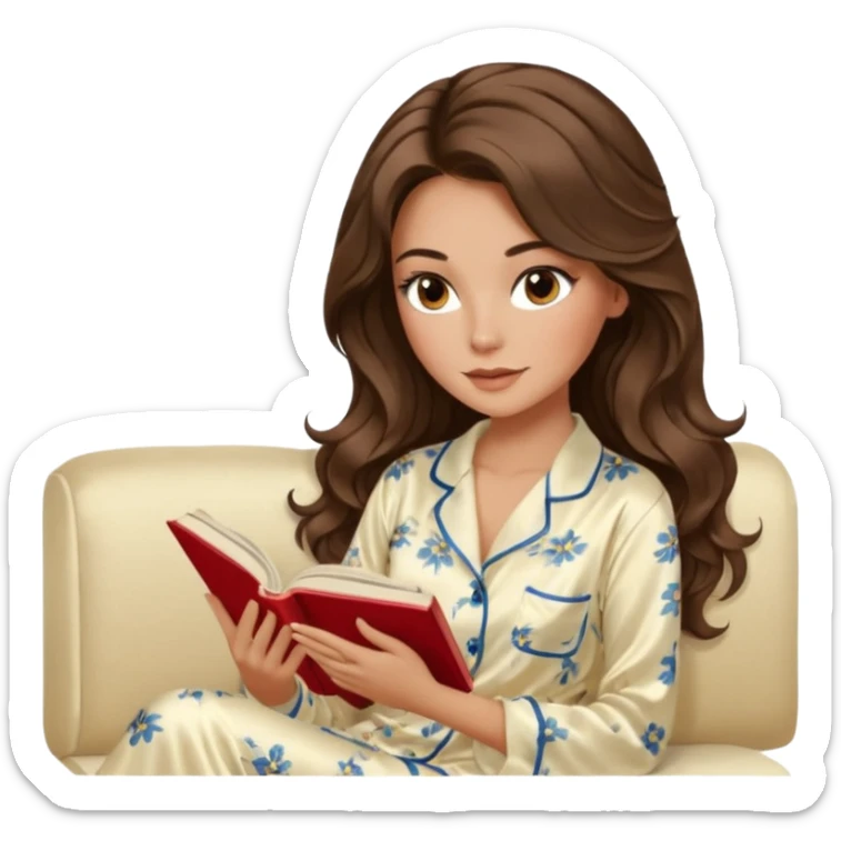 Woman with brunette hair light tanned skin reading on sofa. Long wavy hair. Beige ivory colours. Silk pyjamas. Realistic. Foxeye with lashes. Glamorous makeup sticker
