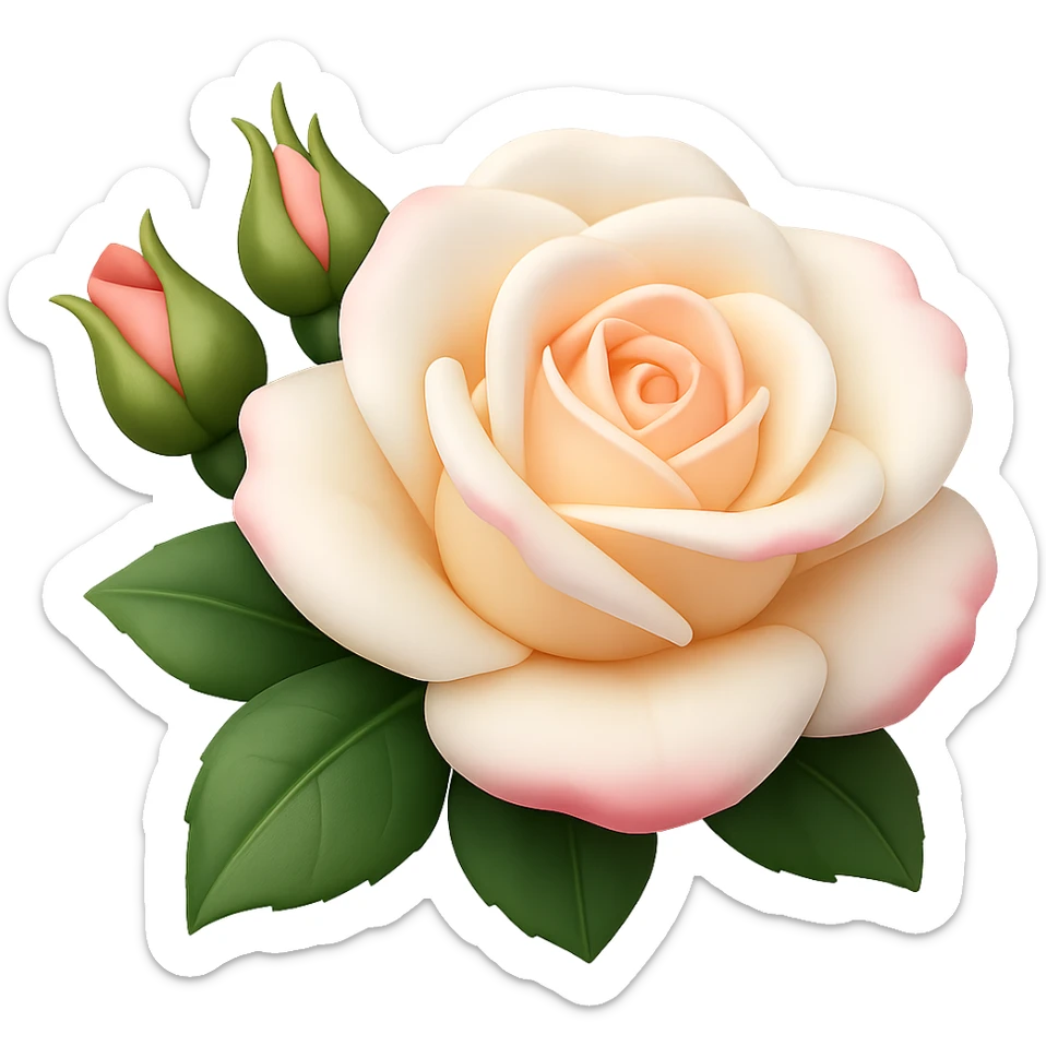 Create a square 3D illustration of a white and pink rose with buds and leaves in the style of iOS Apple emoji, featuring voluminous petals, on a transparent background. The style should mimic the detailed and polished look of Apple emojis with a 3D effect. sticker