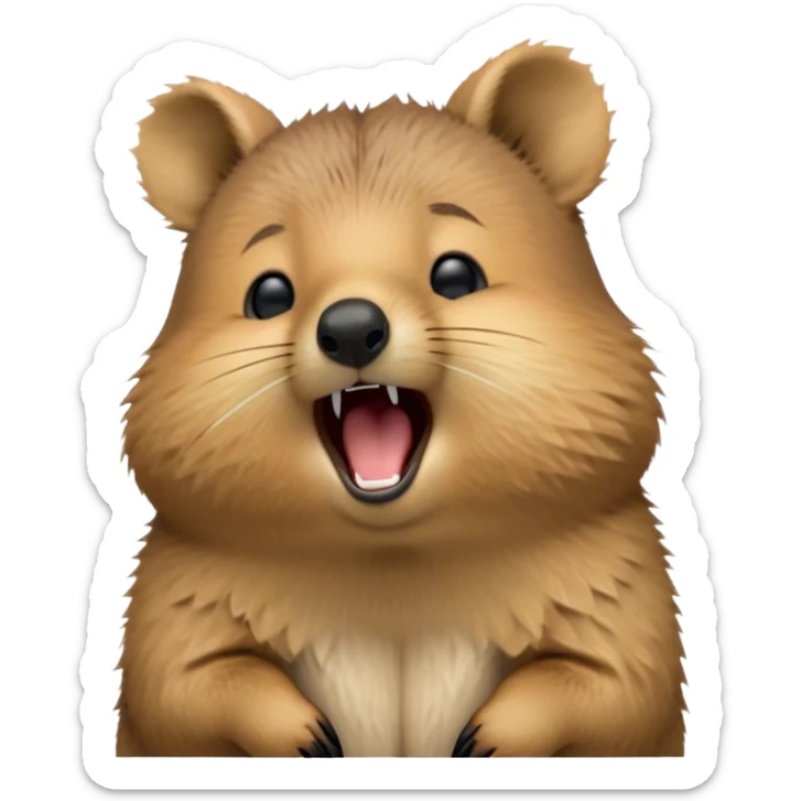 Cinematic Cute Yawning Quokka Portrait Emoji, Head tilted slightly with a dramatic, wide-open yawn, showcasing a soft, downy brown fur with a slightly droopy expression and eyes barely open in drowsy contentment, Simplified yet irresistibly adorable features, highly detailed, glowing with a soft, cozy glow, high shine, relaxed yet expressive, stylized with a touch of playful charm, bright and endearing, soft glowing outline, capturing the essence of a sleepy yet affectionate quokka, so drowsy it feels like it could stretch out of the screen and curl up for a nap! sticker