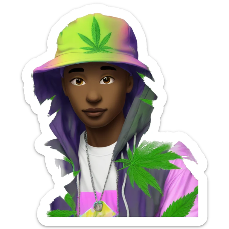 Hemp leaves Multicoloured neon person smoking wearing hoodie dancing hip hop bucket hat tropical Skater fashion aesthetic baggy clothes graphic t shirt 420 sticker
