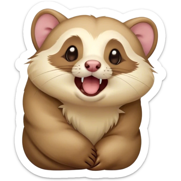 Cinematic Cute Yawning Ferret Portrait Emoji, Head tilted slightly with an exaggerated, wide-open yawn, showcasing a long, flexible body with a plush coat in soft brown and cream, droopy, drowsy eyes, and a relaxed expression, Simplified yet irresistibly endearing features, highly detailed, glowing with a soft, cozy natural glow, high shine, relaxed yet expressive, stylized with a dash of whimsical charm, soft glowing outline, capturing the essence of a sleepy yet affectionate ferret that seems ready to curl up for a nap! sticker