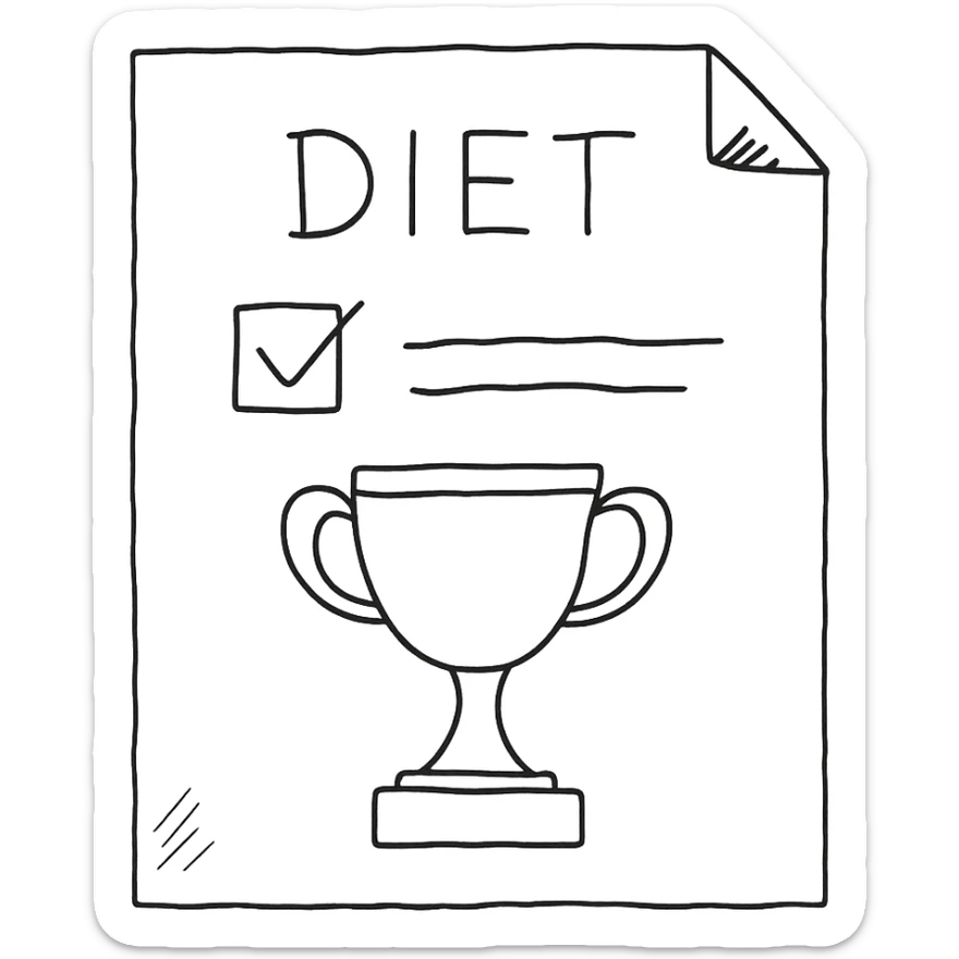 step finale di una dieta, disegno a penna stile schemino su un foglio di carta bianco realistico, isolato su sfondo bianco sticker