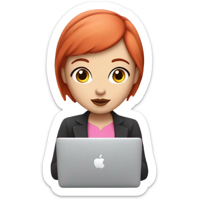 Woman with straight short red hair, white skin, big pinky lips, big eyes, calm face, in pink clothes works on macbook sticker