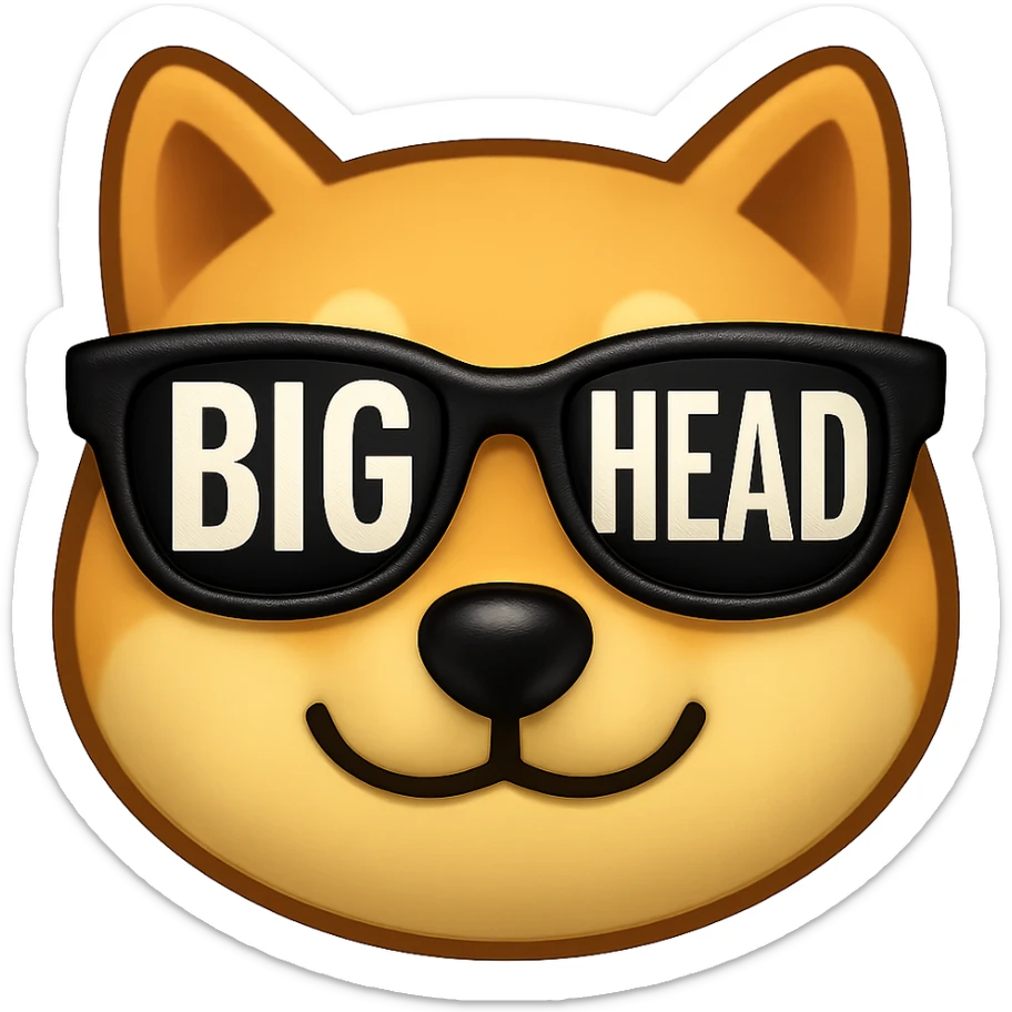 emoji style close-up of a Shiba Inu face wearing sunglasses with the text 'BIG HEAD' inside the sunglasses lenses sticker