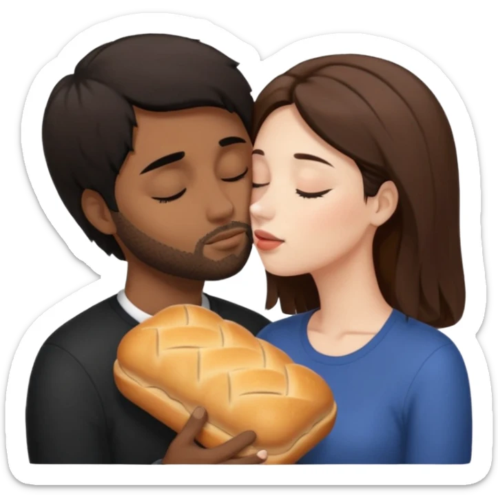 White woman with brown hair with eyes closed kissing forehead of brown man with black hair and a bread with eyes also closed sticker