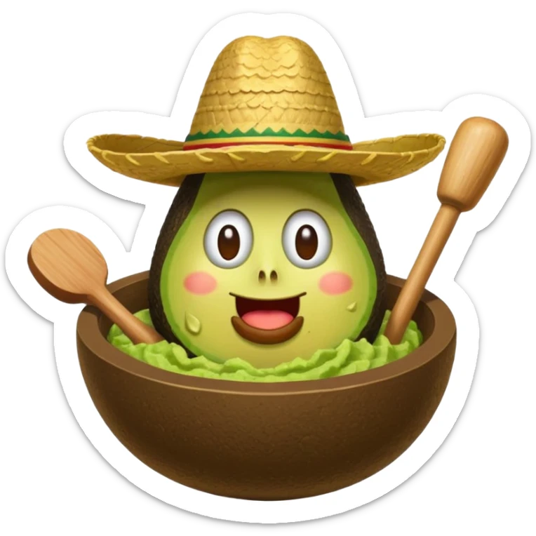 avocado in a bowl of guacamole wearing a sombrero with a mallet swinging down toward its head, whack-a-mole action, iOS emoji style sticker