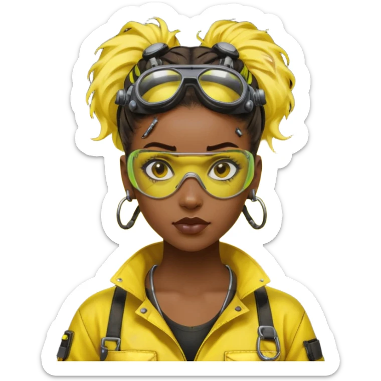 Cyberpunk black female mechanic, yellow tech goggles on forehead, messy hair bun, ear piercings, tool collar, grease smudge on cheek, focused expression, neon yellow lighting sticker