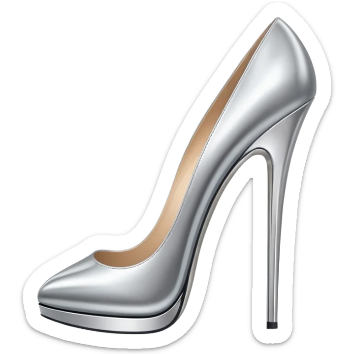 A pair of high heel shoes emoji made of polished silver chrome, elegant sharp silhouette, smooth metallic surface, glossy reflections, luxury sexy vibe, minimalistic iOS emoji style, centered, clean white background sticker