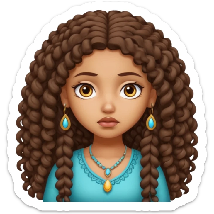 a tan pretty bratz indian girl with curly long brunette hair, looking sad sticker
