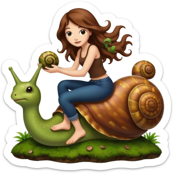 cute woman long wavy brown hair tattoos riding moss snail sticker