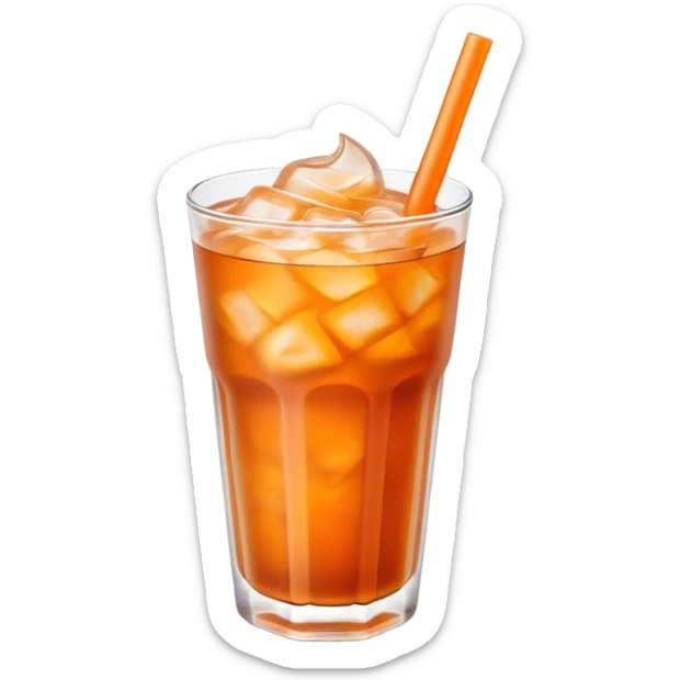 Cinematic Realistic Thai Ice Tea Drink Emoji, depicted as a chilled glass of sweet, creamy iced tea rendered with vivid textures and refreshing, dynamic lighting. sticker