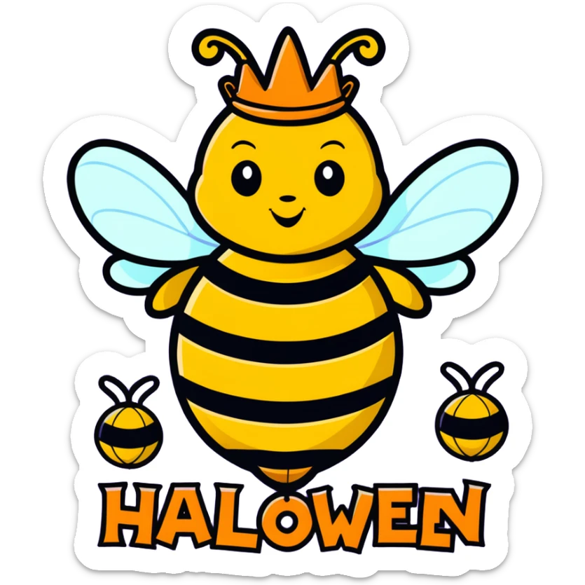 A hive of bees with the queen bee saying happy Halloween with the queen bee there sticker