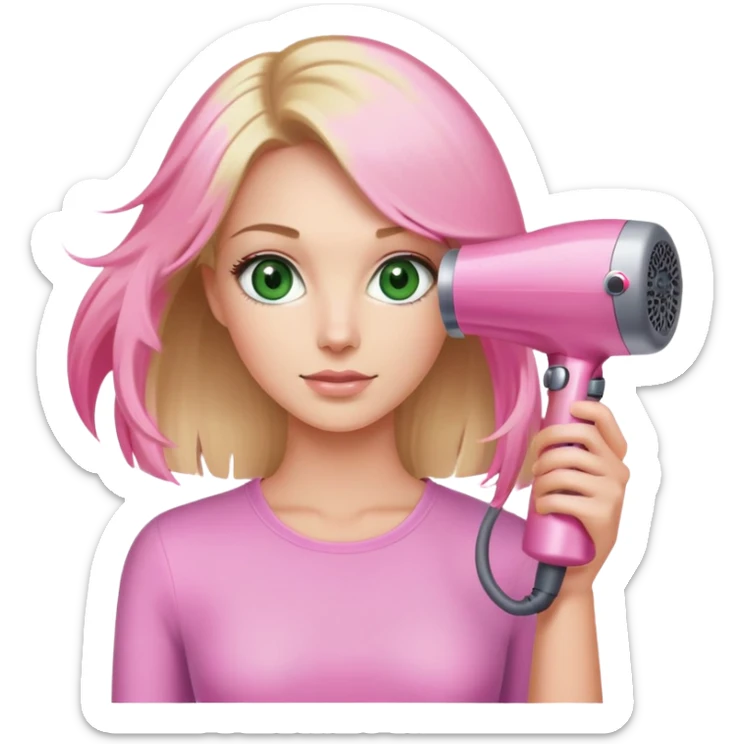 blonde woman with green eyes holding a pink Dyson hair dryer sticker