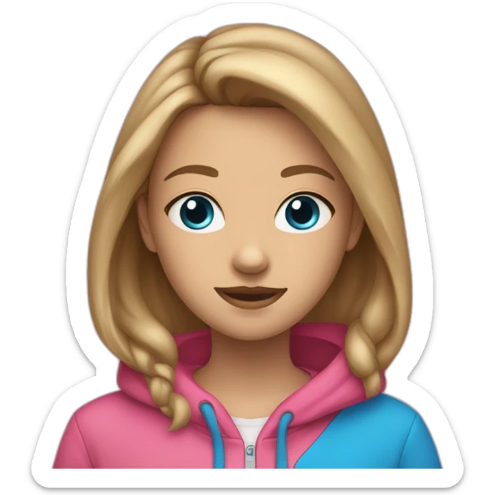 13 year old girl with dirty brownish blonde hair and blue eyes with a pink hoodie that’s not on her head sticker