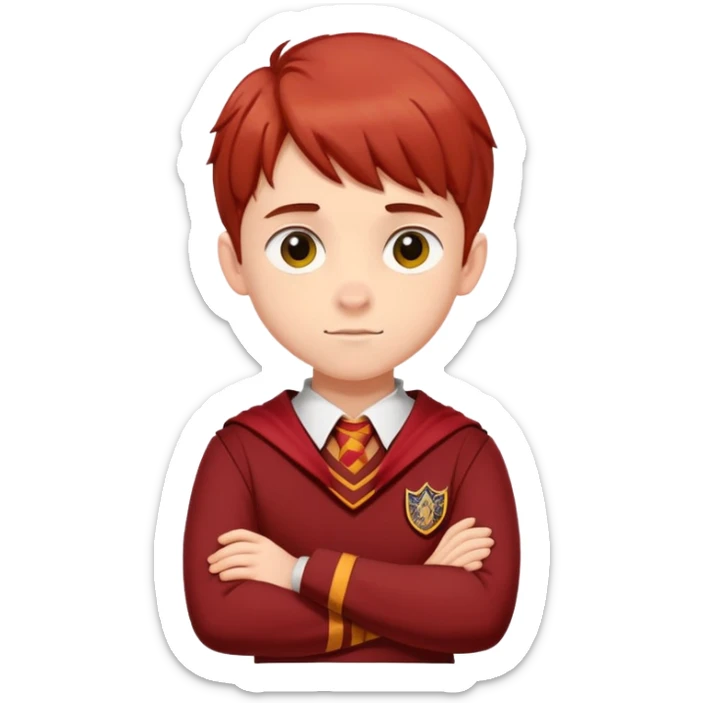 A teenage boy slightly to the side looking forward with crossed arms wearing the Gryffindor uniform sticker