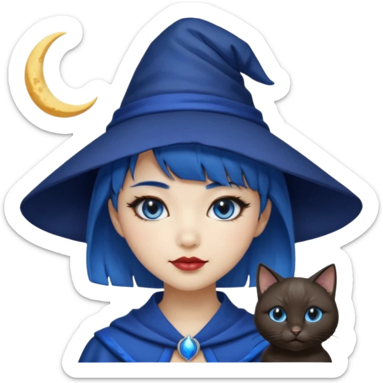 an asian short haired girl with electric blue highlighted short hair with bangs, with her silver left eye and dark brown right eye, with black cat eyed style eyeliner, and smirk of natural toned lipstick, with wizard hat with moon emblem on his hat. sticker